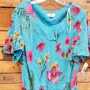 Talbots Turquoise Floral Maxi Dress with Pink and Yellow Blooms